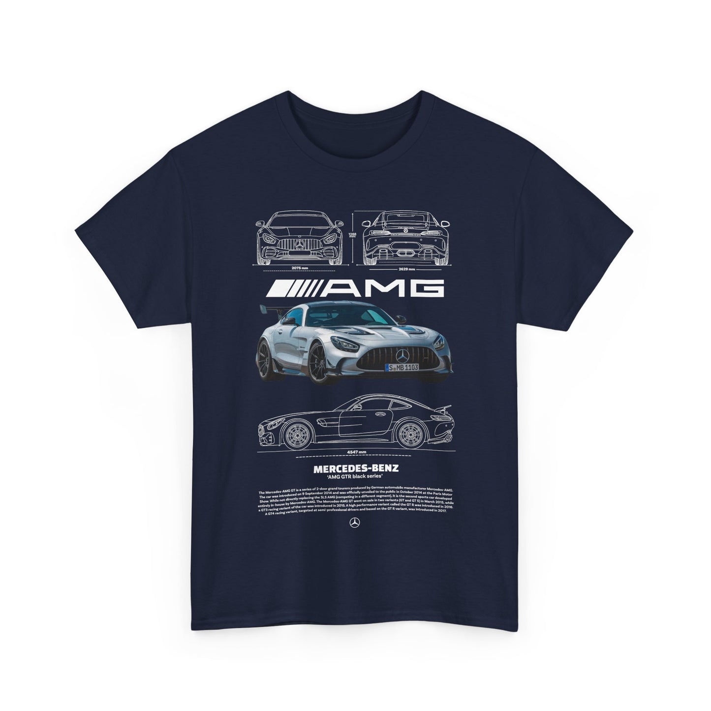 Luxurious navy blue men's t-shirt featuring a detailed graphic design of Mercedes-Benz AMG cars, combining style and automotive passion, perfect for enthusiasts.
