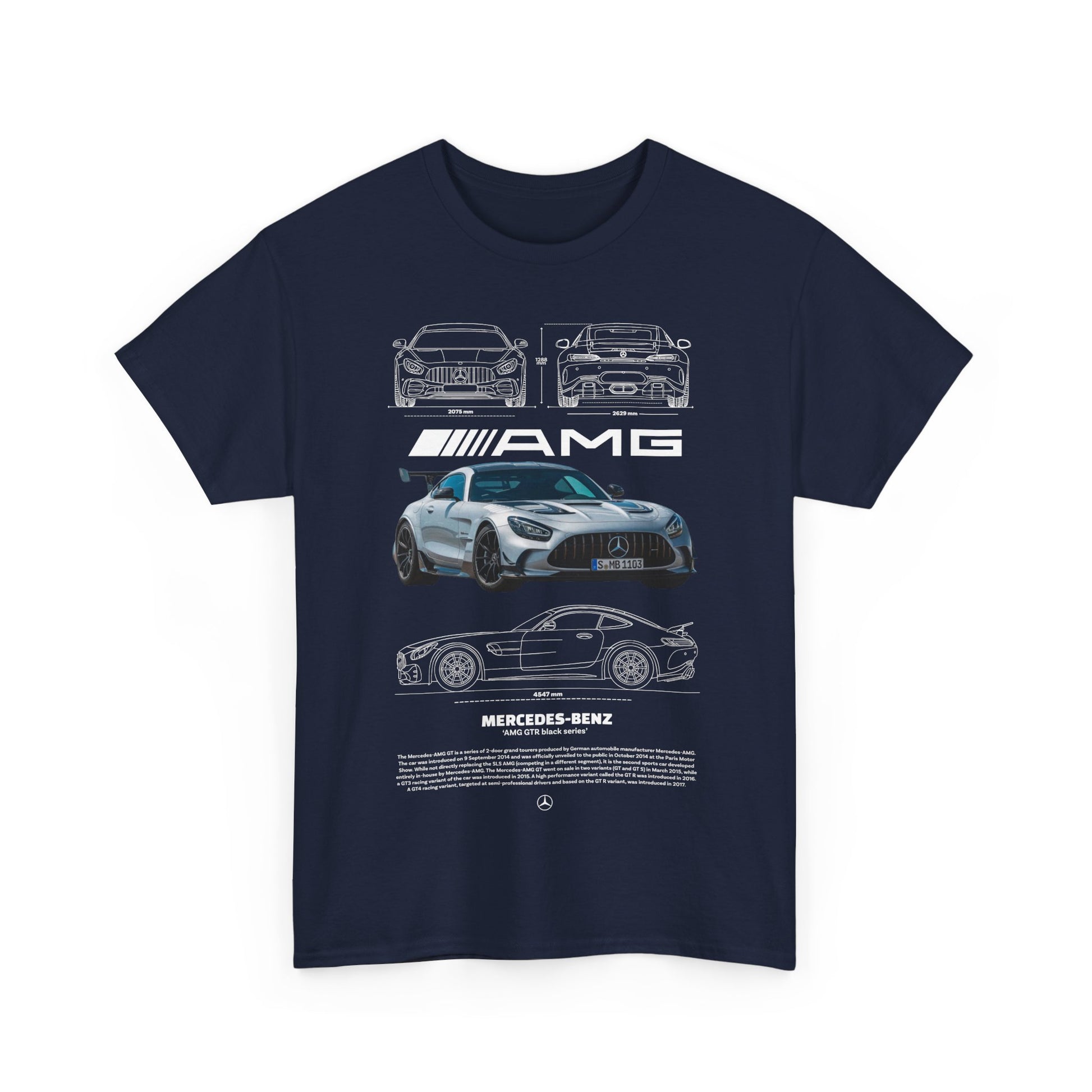 Luxurious navy blue men's t-shirt featuring a detailed graphic design of Mercedes-Benz AMG cars, combining style and automotive passion, perfect for enthusiasts.