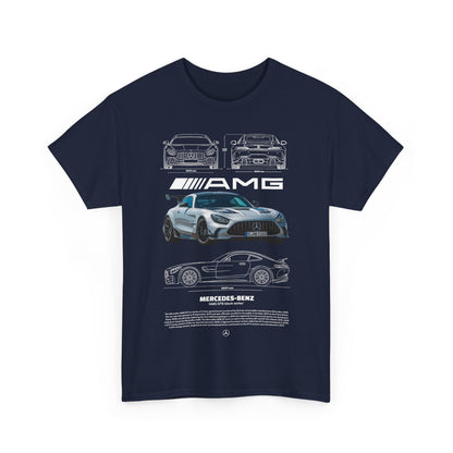 Luxurious navy blue men's t-shirt featuring a detailed graphic design of Mercedes-Benz AMG cars, combining style and automotive passion, perfect for enthusiasts.