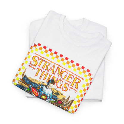 High-quality folded white t-shirts featuring the vibrant 'Stranger Things Rink O Mania' artwork, ideal for a chic casual look.