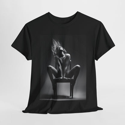 Luxury unisex graphic cotton tee featuring a captivating grayscale illustration of a confident and sensual woman on a chair, radiating boldness and individuality.