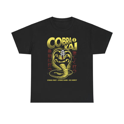 Luxurious Cobra Kai graphic t-shirt featuring a striking coiled snake design in vibrant gold and red, crafted for ultimate comfort and style.