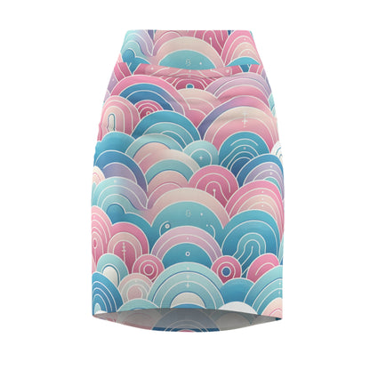 Elegant Marcella Kensington Pencil Skirt by Dazzling Dreams Studio featuring a captivating pastel gradient in soft shades of pink, blue, and purple.