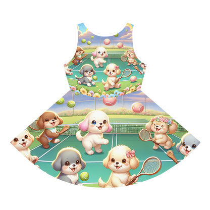 Charming summer scene with Luna Beauclair toddler girls sundress adorned with playful pastel puppies in a delightful tennis theme, by Dazzling Dreams Studio.