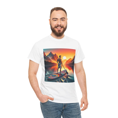 Luxurious Serene Paddle Board T-Shirt design by Dazzling Dreams Studio showcasing a stunning paddleboarding scene, perfect for nature lovers and outdoor adventurers.