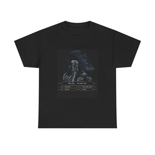 Darth Vader Who Wants to Be a Millionaire Graphic T-Shirt, showcasing a stylish design featuring Darth Vader in a thought-provoking scenario with humorous multiple choice labels. Crafted from premium urban unisex cotton, this exquisite tee is perfect for Star Wars enthusiasts.