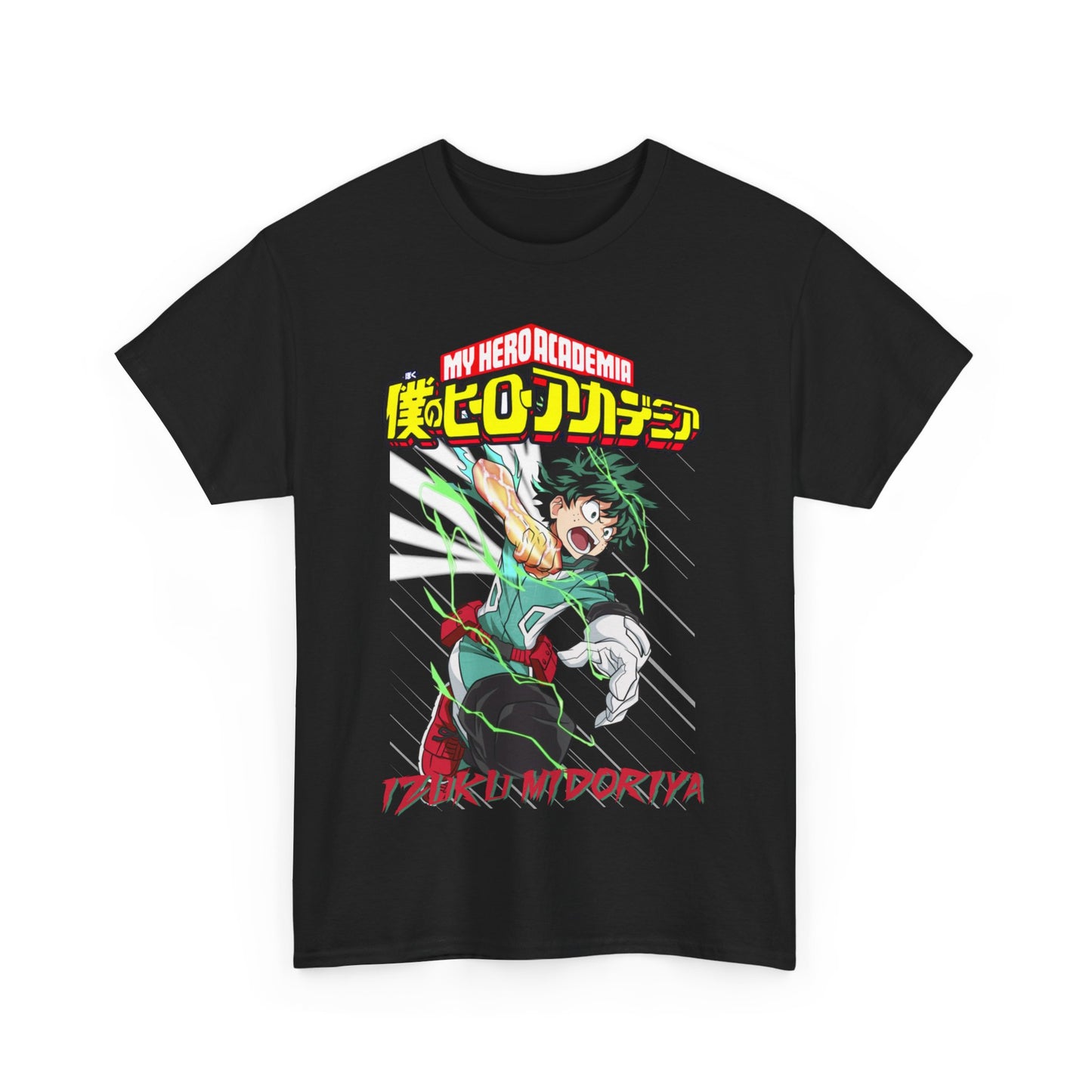 Striking black Izuku Midoriya t-shirt, showcasing the hero in an action-packed illustration with vibrant colours, a must-have for fashion-forward anime fans.