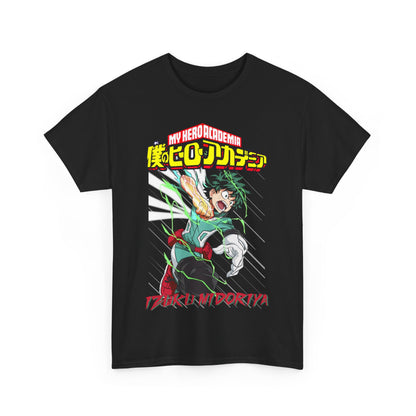 Striking black Izuku Midoriya t-shirt, showcasing the hero in an action-packed illustration with vibrant colours, a must-have for fashion-forward anime fans.