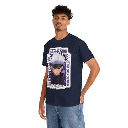 Sophisticated Gojo Satoru T-shirt featuring vibrant graphic design of the iconic character from Jujutsu Kaisen, showcased on a model exuding style and confidence.