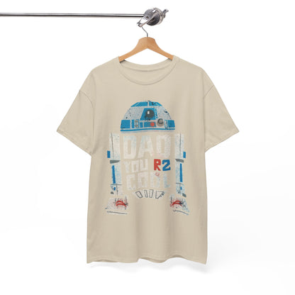 Premium Star Wars R2-D2 DAD Graphic T-Shirt elegantly displayed on a hanger, featuring the quirky phrase 'DAD YOU R2 COOL'.