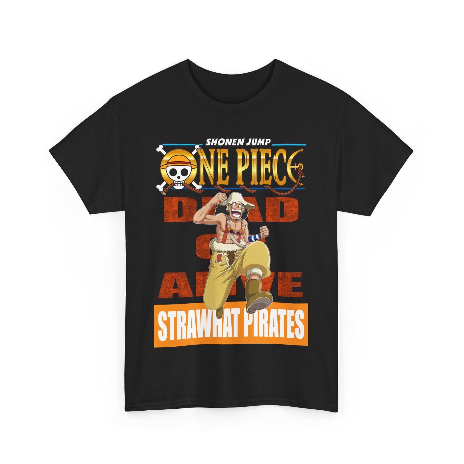 Refined black One Piece anime T-shirt with a dynamic graphic of a beloved pirate character, perfect for elevating casual outfits and expressing individuality.