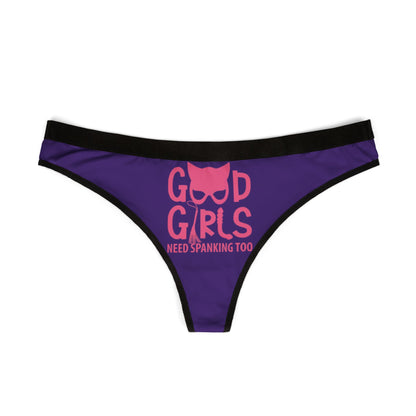 Luxury women's purple thong featuring playful graphic text 'Good Girls Need Spanking Too' designed for a cheeky and romantic special occasion.