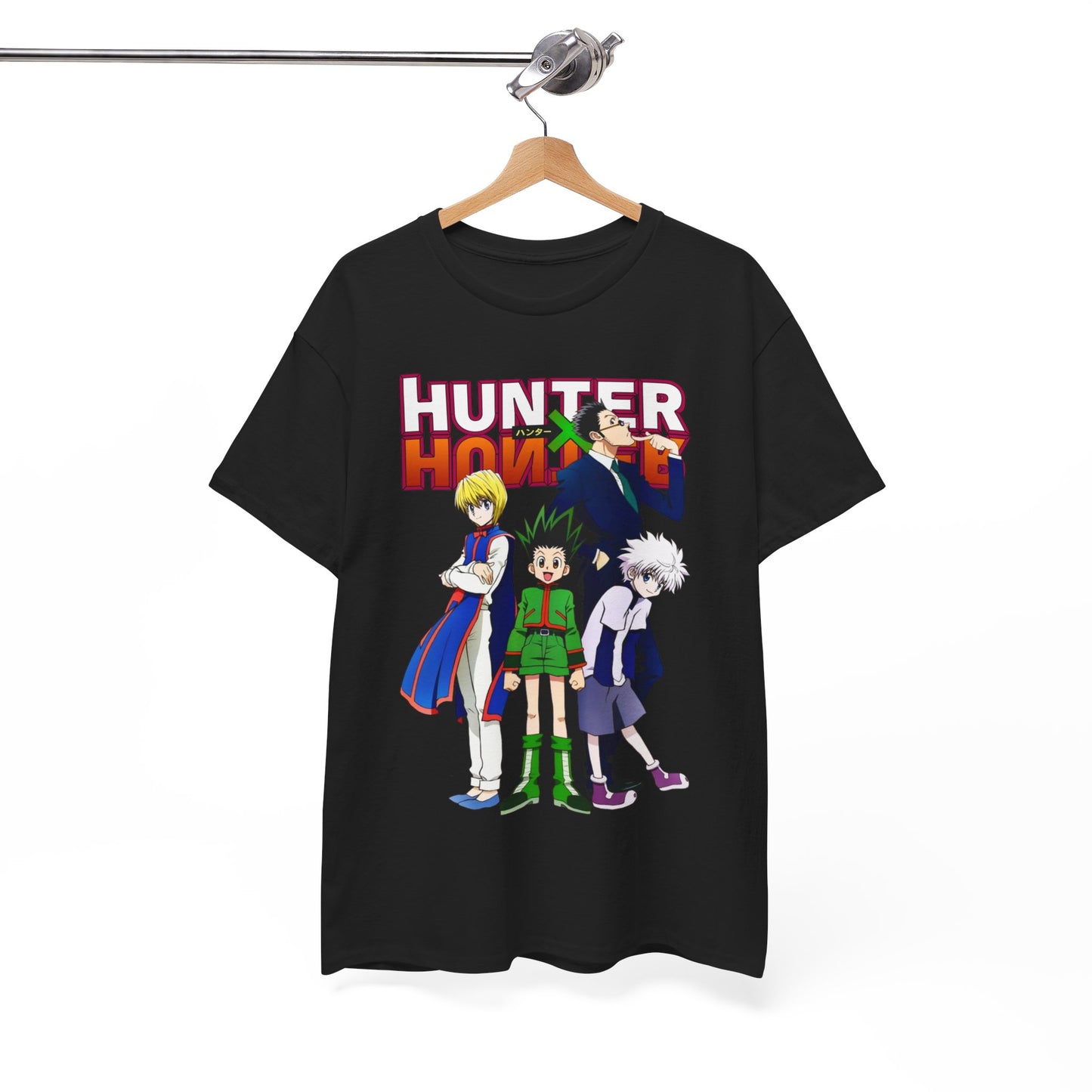Stylish Hunter x Hunter Elite T-shirt displayed on a wooden hanger, featuring a captivating group illustration of beloved anime characters, ideal for elevating casual wardrobe.