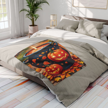 Decorative and Warm Halloween Spooky Arctic Fleece Blanket displayed on a luxurious bed, beautifully designed with festive pumpkins and autumn foliage for a seasonal touch.