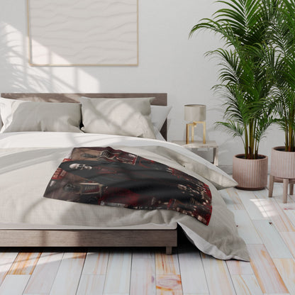 Sophisticated Halloween Arctic fleece blanket on a well-styled bed, adding a touch of luxury and seasonal warmth to your bedroom decor.