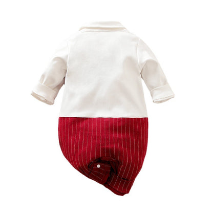 Back view of the Luxury Gentleman Baby Boy Jumpsuit in Wine Red - Long Sleeve Autumn Cotton Bodysuit showcasing elegant design.