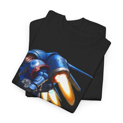 Stylish black t-shirt with a captivating mecha design in blue and orange tones, embodying the fusion of imagination and modern fashion.