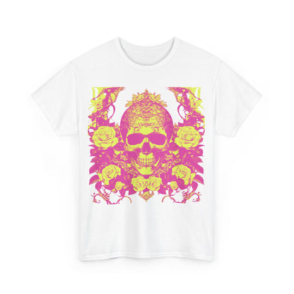 Front view of the Skulls and Roses Cotton Tee featuring a vibrant graphic design with intricate skulls and roses, perfect for a bold fashion statement.