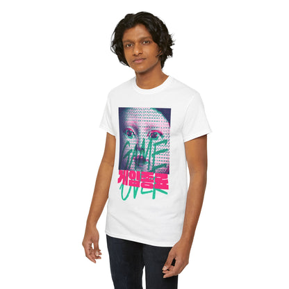 Stylish male model wearing a luxurious Squid Game themed t-shirt adorned with a captivating face graphic and the phrase 'GAME OVER', blending modern aesthetics with bold expression.