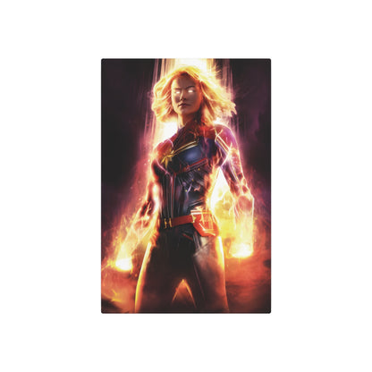 Captain Marvel Metal Art Poster featuring a vibrant depiction of the superhero with glowing effects, crafted from premium matte aluminium, enhancing any luxurious space.