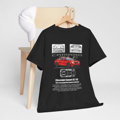 Stylish Chevrolet Camaro ZL1 1LE Men's T-Shirt draped on a wooden chair, alongside a white cap, exuding a sporty and sophisticated vibe, ideal for casual outings.