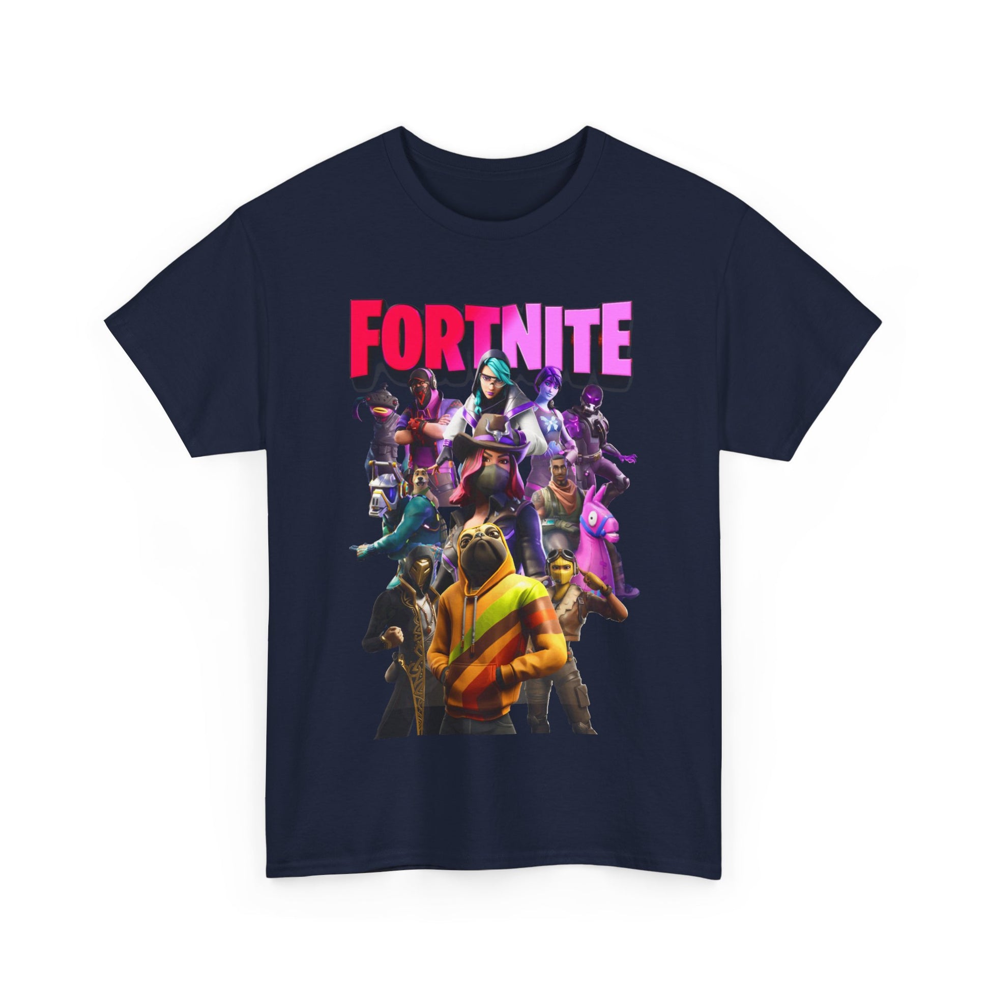 Stylish navy Fortnite T-shirt displayed flat, featuring an eye-catching arrangement of iconic characters and bold 'FORTNITE' lettering. A statement piece for gaming enthusiasts.