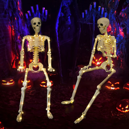 90cm Warm Light Stand-able Hanging Halloween Luminous Skeleton elegantly posed among illuminated pumpkins, enhancing festive décor with a charming yet spooky ambiance.