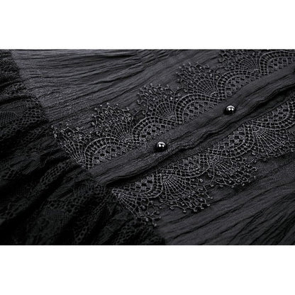 Full-length image showcasing the flared tiered skirt of the black goth dress, perfect for alternative fashion.