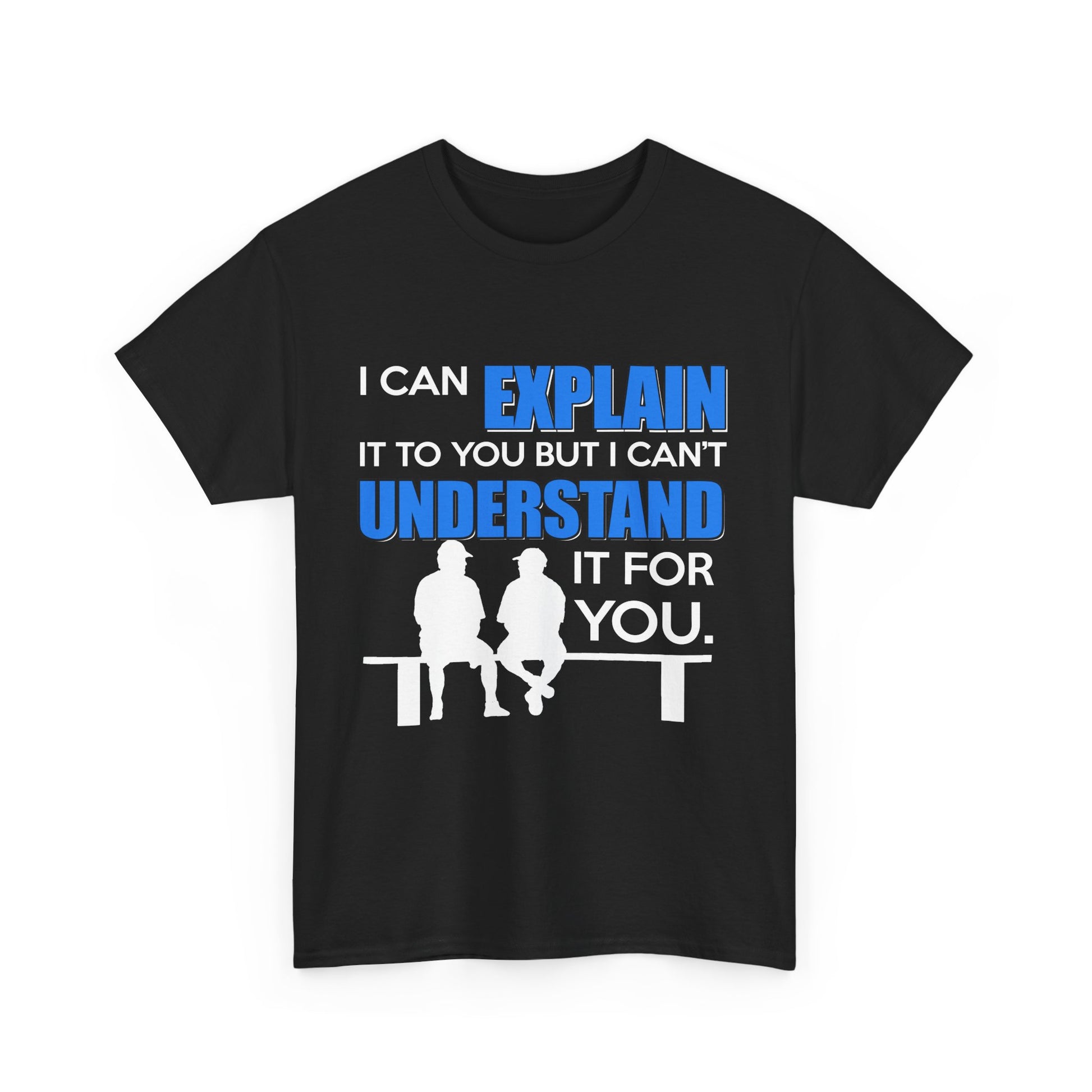 Front view of a stylish black men's t-shirt featuring humorous graphic design with the phrase 'I Can Explain' in bold blue lettering.