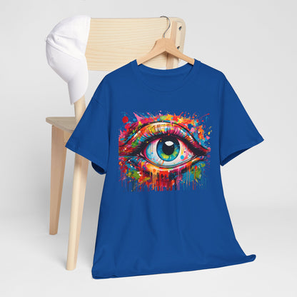 Unisex t-shirt showcased hanging on a wooden hanger, featuring the bold 'Visionary Drip' graphic design with a vibrant eye illustration, ideal for fashion-forward individuals.