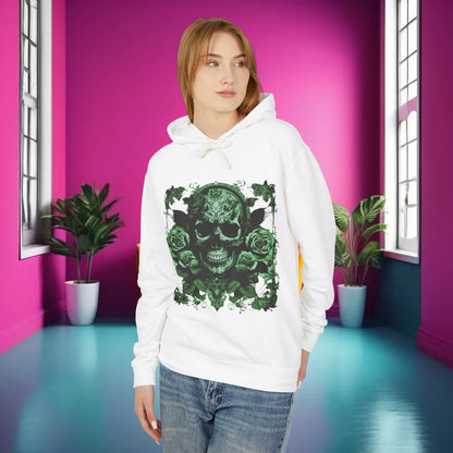 Stylish Skull and Roses Lightweight Hoodie for men and women, featuring an intricate green skull and floral design set against a vibrant pink background, perfect for a luxury urban look.