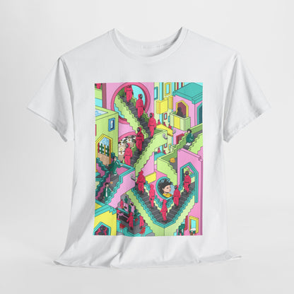 Luxury graphic tee featuring a vibrant illustrated design inspired by a maze, showcasing stylised figures in red attire amidst pastel buildings, ideal for fans of contemporary streetwear.