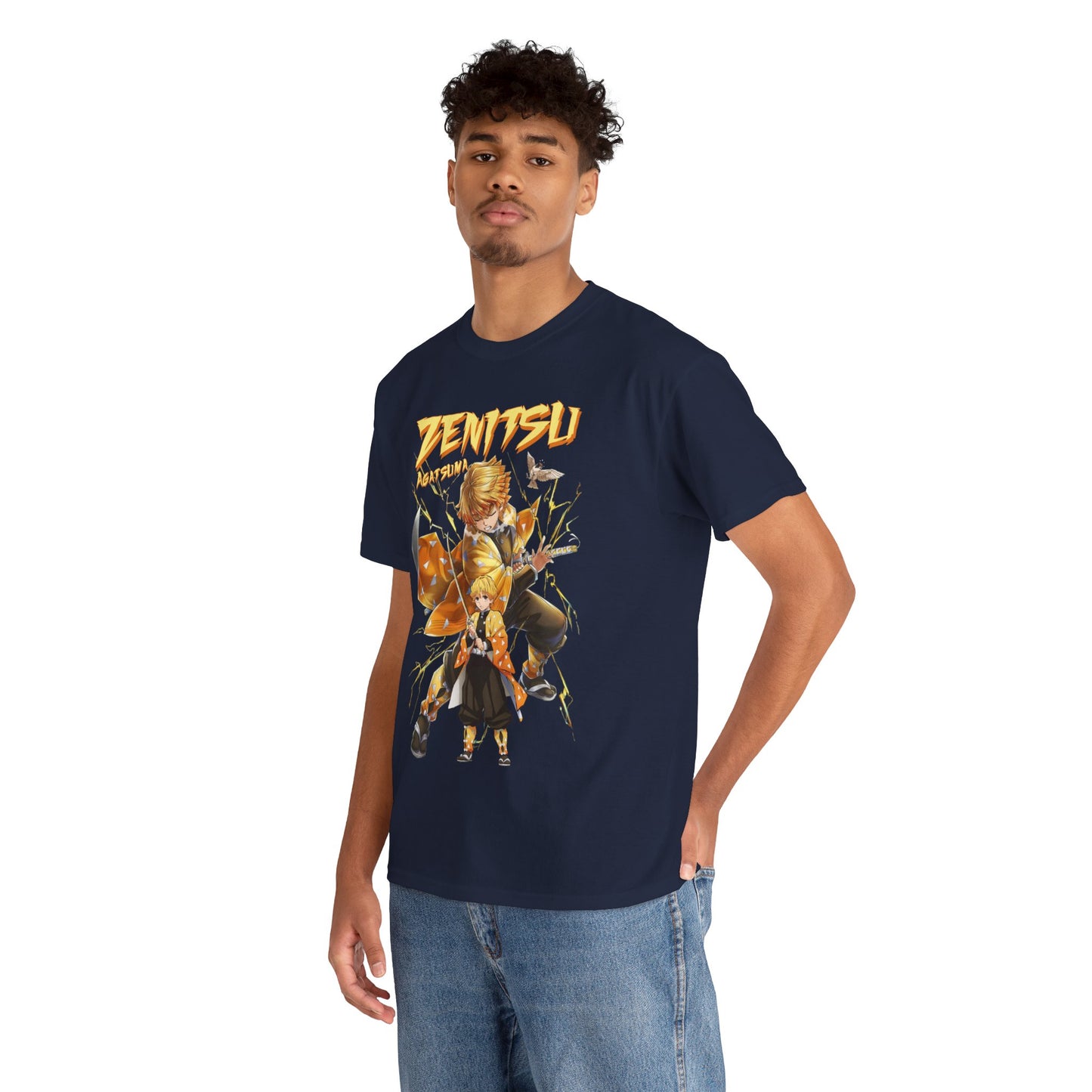 Luxurious navy blue Tanjiro Kamado t-shirt showcasing dynamic anime art, perfect for bold fashion enthusiasts. Featured on a model, emphasizing style and comfort.
