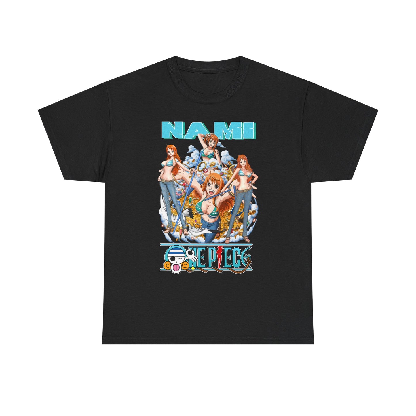 Luxurious Men's Nami Graphic T-Shirt in classic black, showcasing a vivid 'One Piece' portrayal of Nami. This striking tee combines elegance with anime passion.