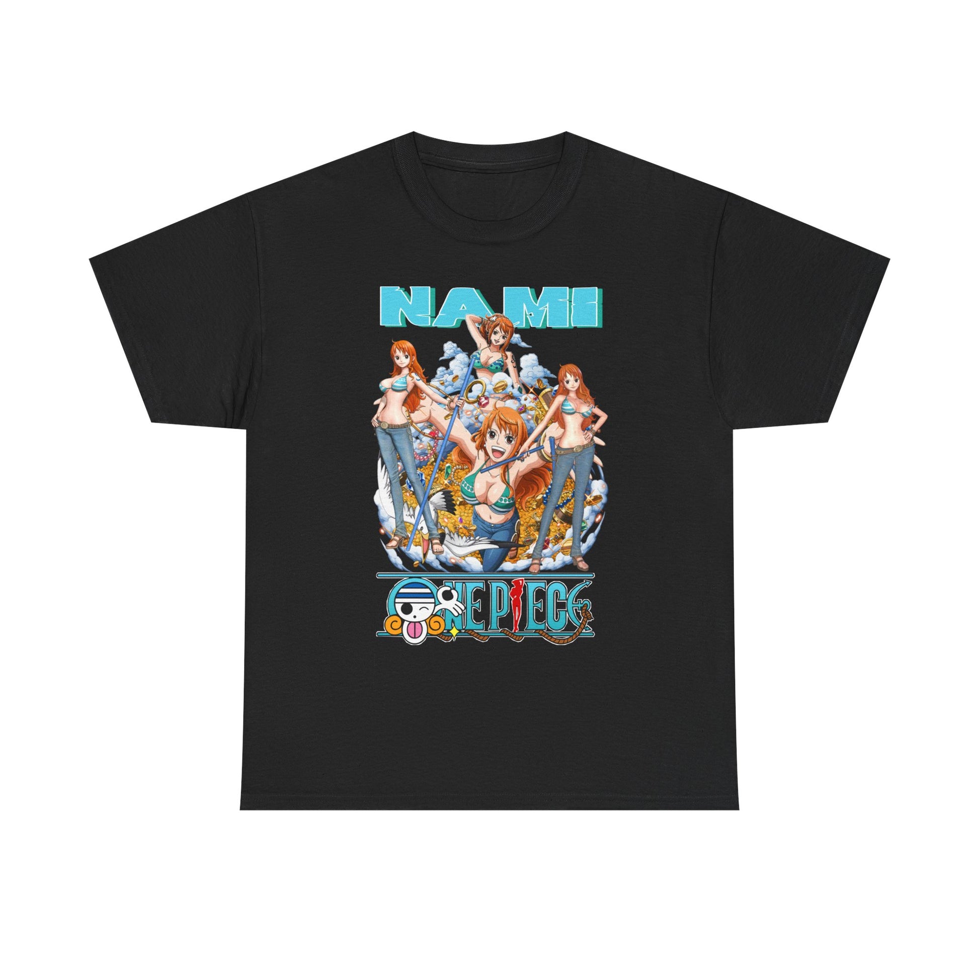 Luxurious Men's Nami Graphic T-Shirt in classic black, showcasing a vivid 'One Piece' portrayal of Nami. This striking tee combines elegance with anime passion.