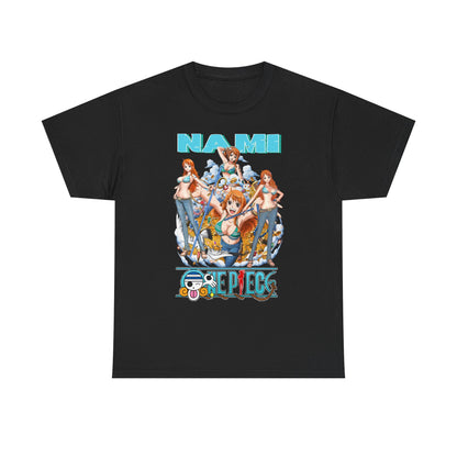 Luxurious Men's Nami Graphic T-Shirt in classic black, showcasing a vivid 'One Piece' portrayal of Nami. This striking tee combines elegance with anime passion.