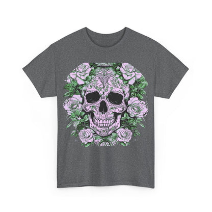 Luxury Skulls and Roses Cotton Tee featuring an intricate steampunk design with a skull surrounded by elegant roses, perfect for a stylish statement.