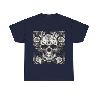 Skulls and Roses Cotton Tee - Elegant unisex graphic shirt in navy featuring a striking design of skull and roses.