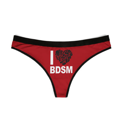 Elegant red thong showcasing a striking 'I love BDSM' design, perfect for adding a touch of humour and luxury to intimate moments.