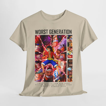 Sophisticated beige T-shirt displaying an action-packed 'Worst Generation' graphic, perfect for anime lovers seeking exquisite streetwear.