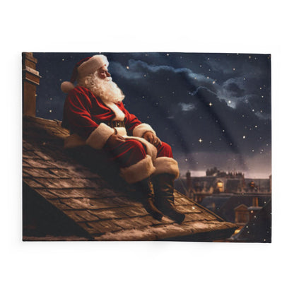 Luxurious Decorative and Warm Christmas Santa Claus Arctic Fleece Blanket featuring a serene Santa Claus sitting on a rooftop under a starry night sky, ideal for festive home decor.