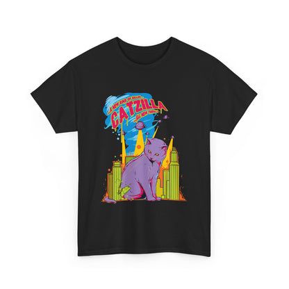 Epic Catzilla Men's T-Shirt elegantly illustrating the powerful CATZILLA amid a neon cityscape, a must-have for those who embrace standout casual chic.