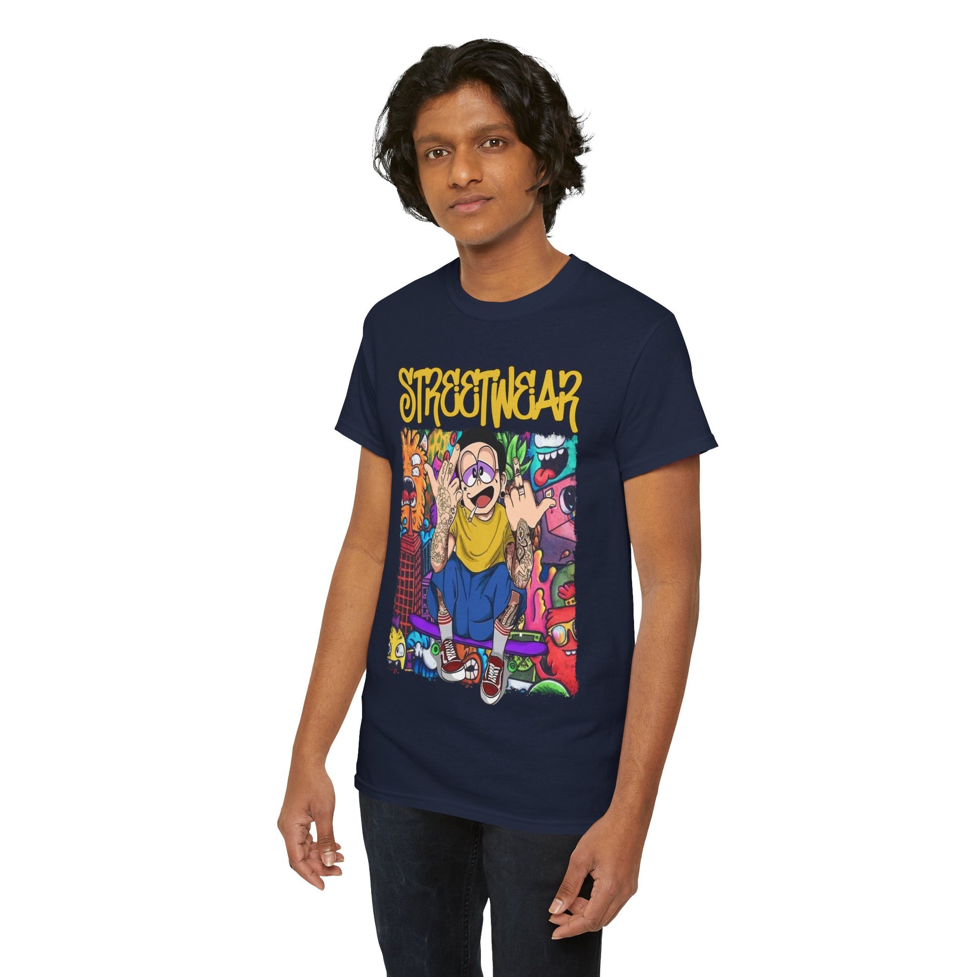 Elegant streetwear t-shirt featuring a vibrant cartoon design, showcasing a light-skinned young man with expressive features. The shirt's bold 'STREETWEAR' lettering in striking yellow complements the dynamic, colourful graphic that reflects contemporary urban fashion.
