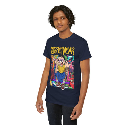 Elegant streetwear t-shirt featuring a vibrant cartoon design, showcasing a light-skinned young man with expressive features. The shirt's bold 'STREETWEAR' lettering in striking yellow complements the dynamic, colourful graphic that reflects contemporary urban fashion.