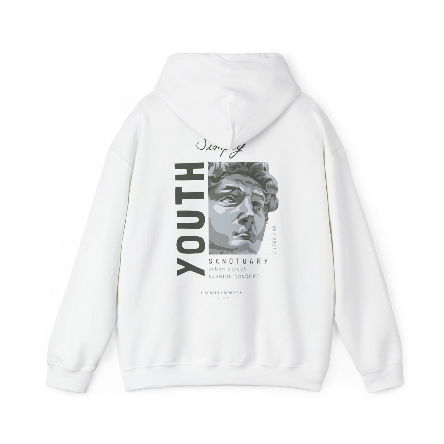 Back view of Urban Sanctuary Youth Hoodie in white featuring a striking graphic design with the word 'YOUTH' and a sculpted bust, enhancing stylish street fashion appeal.