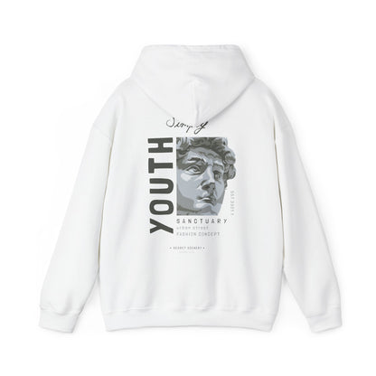 Back view of Urban Sanctuary Youth Hoodie in white featuring a striking graphic design with the word 'YOUTH' and a sculpted bust, enhancing stylish street fashion appeal.