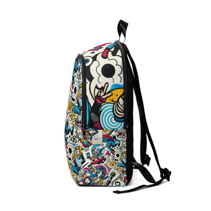 Close-up of the unique pop art design on Urban Essence Pop Art Mosaic Backpack by Dazzling Dreams Studio, highlighting the artistic flair of colourful cartoon characters.