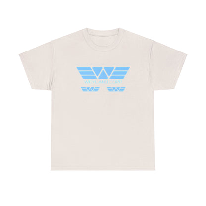 Weyland Corporation Retro Logo Graphic Tee Unisex in cream, beautifully displaying a vintage-inspired sky blue logo, perfect for discerning lovers of sci-fi.