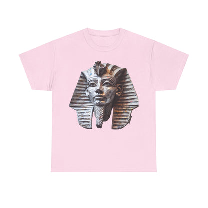 Pharaoh’s Gaze Unisex Graphic Tee featuring a luxurious artistic Egyptian design of a pharaoh's head on a soft pink cotton fabric.
