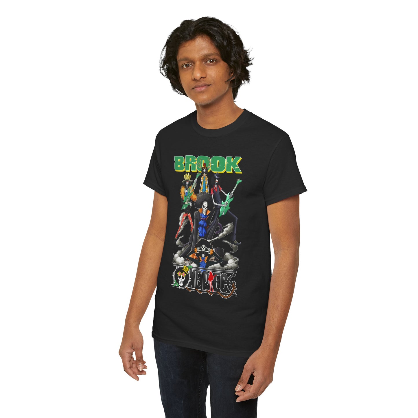Casual yet sophisticated portrait of a man in a black t-shirt displaying colorful anime graphics, perfect for making a fashionable statement.